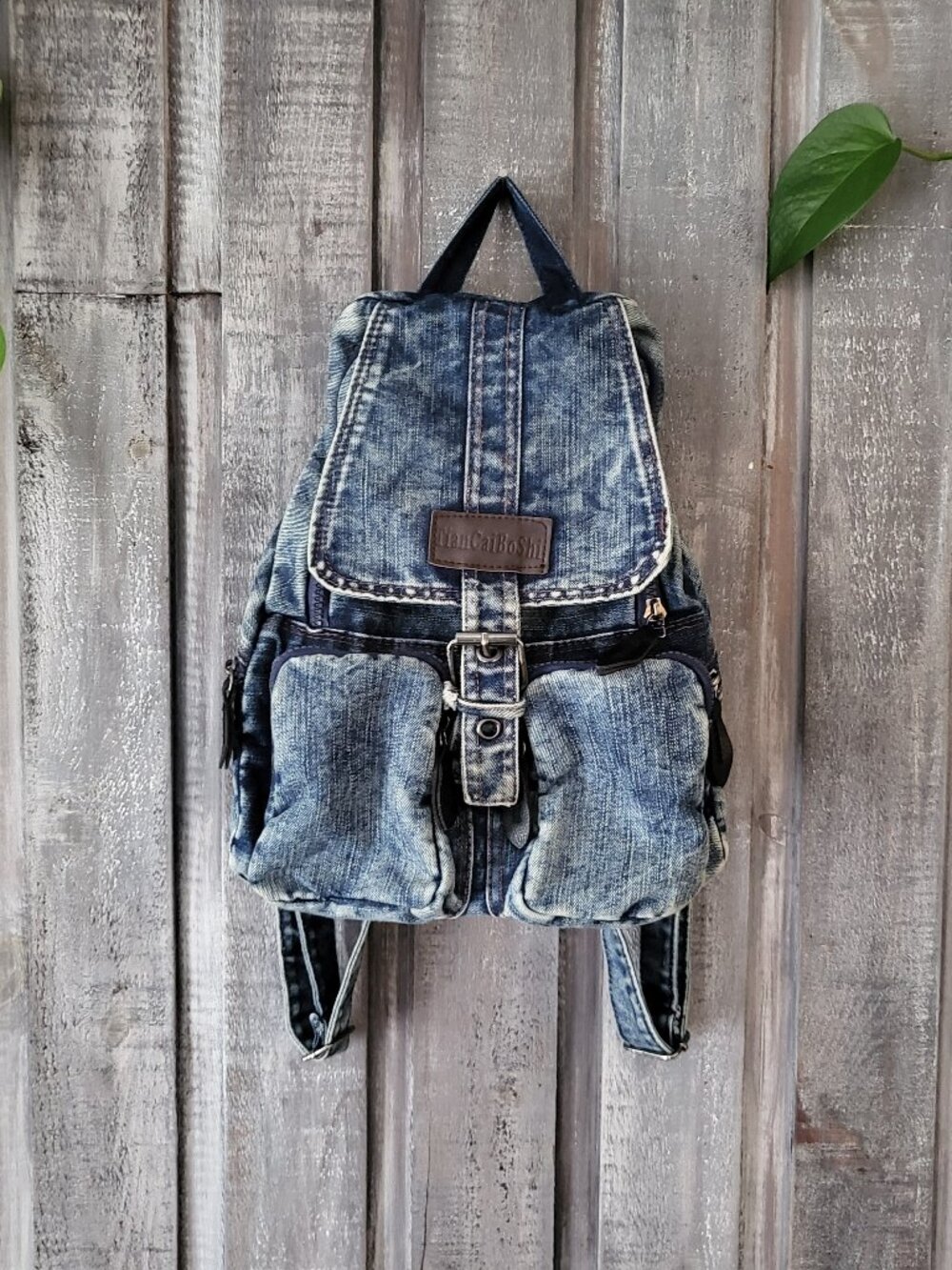 Vintage Y2K Acid Wash Denim Mini Backpack 90s Grunge Utility Jean Bag